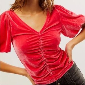 Free People Pink Velvet Top Size Medium V-Neck Puff Sleeve Blouse